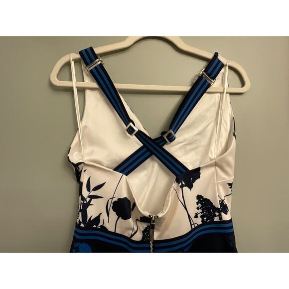 TED BAKER TILLIAI BLUEBELL NAVY AND CREAM BODYCON DRESS W SUSPENDERS SZ 3 US8-10 - Picture 9 of 14